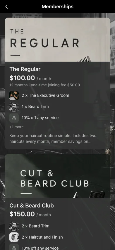 Membership plans in a branded barbershop app