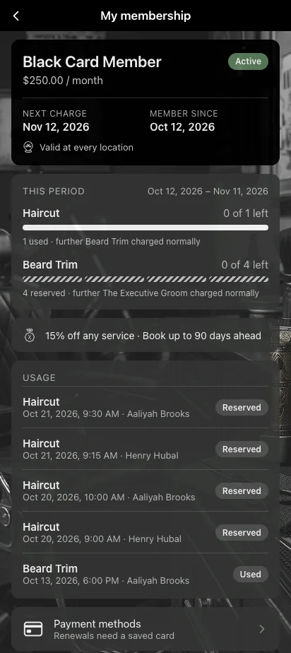 A client's active membership with visits left